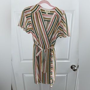 Monteau short sleeve pink, green, gold striped dress
